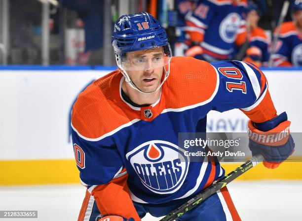 Derek Ryan of the Edmonton Oilers awaits a face-off during the game against the Anaheim Ducks at Rogers Place on March 30 in Edmonton, Alberta,...