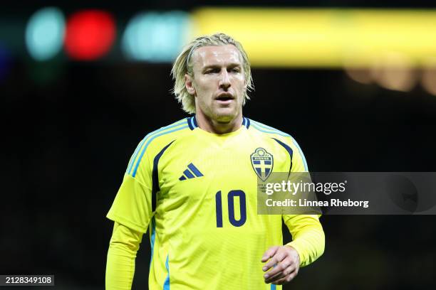 Emil Forsberg of Sweden looks on during the international friendly match between Sweden and Albania at Friends Arena on March 25, 2024 in Stockholm,...