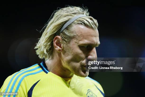 Emil Forsberg of Sweden looks on during the international friendly match between Sweden and Albania at Friends Arena on March 25, 2024 in Stockholm,...
