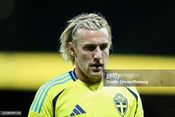 Emil Forsberg of Sweden looks on during the international friendly match between Sweden and Albania at Friends Arena on March 25, 2024 in Stockholm,...