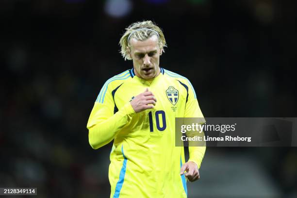 Emil Forsberg of Sweden looks on during the international friendly match between Sweden and Albania at Friends Arena on March 25, 2024 in Stockholm,...