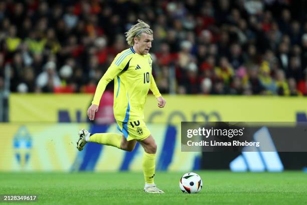 Emil Forsberg of Sweden runs with the ball during the international friendly match between Sweden and Albania at Friends Arena on March 25, 2024 in...