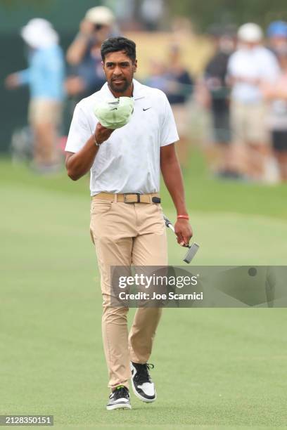 Tony Finau of the United States walks the 18th fairway during the final round of the Texas Children's Houston Open at Memorial Park Golf Course on...