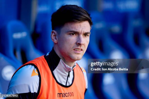 Kieran Tierney of Real Sociedad looks on before the LaLiga EA Sports match between Deportivo Alaves and Real Sociedad at Estadio de Mendizorroza on...