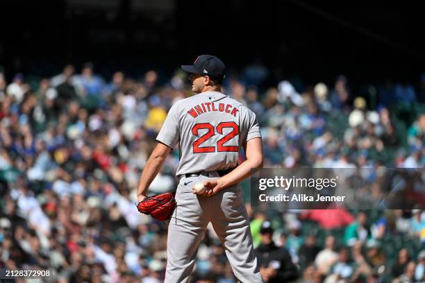 Garrett Whitlock of the Boston Red Sox stands on the mound during the second inning against the Seattle Mariners at T-Mobile Park on March 31, 2024...