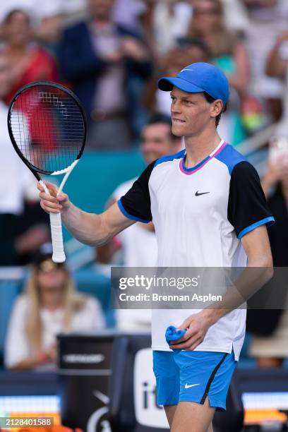 Jannik Sinner of Italy celebrates after defeating Grigor Dimitrov of Bulgaria 6-3, 6-1 in the men's final of the Miami Open at Hard Rock Stadium on...