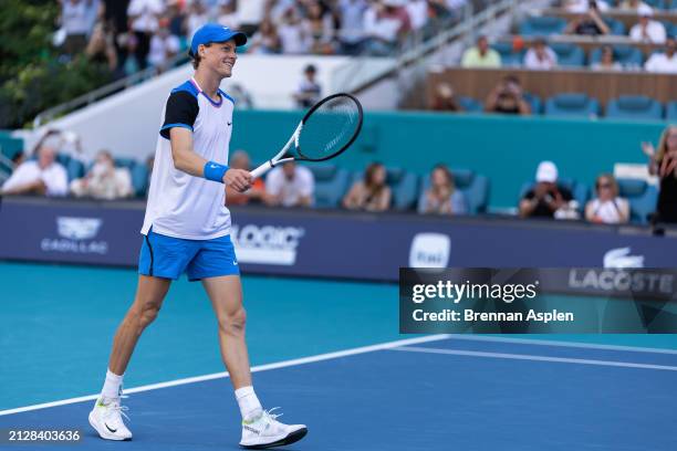 Jannik Sinner of Italy celebrates after defeating Grigor Dimitrov of Bulgaria 6-3, 6-1 in the men's final of the Miami Open at Hard Rock Stadium on...