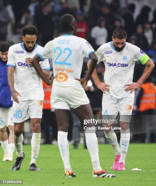 Pierre-Emerick Aubameyang of Marseille react with teammattes after the defeat during the Ligue 1 Uber Eats match between Olympique de Marseille and...