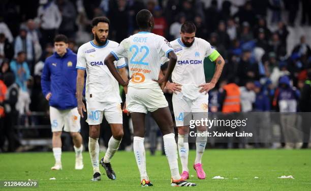 Pierre-Emerick Aubameyang of Marseille react with teammattes after the defeat during the Ligue 1 Uber Eats match between Olympique de Marseille and...