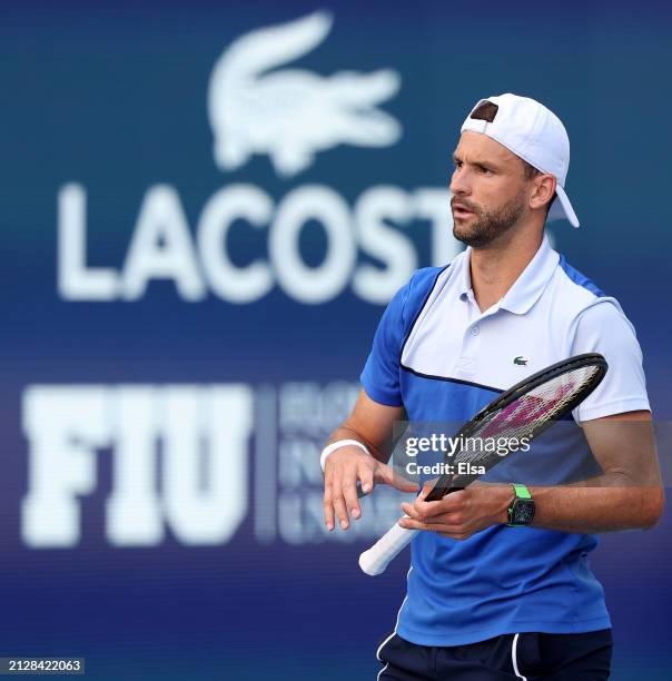 Grigor Dimitrov of Bulgaria reacts during the match against Jannik Sinner of Italy in the Men's Final at Hard Rock Stadium on March 31, 2024 in Miami...