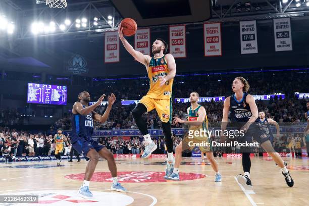 Sean Macdonald of the JackJumpers lays up in the final twenty seconds during game five of the NBL Championship Grand Final Series between Melbourne...