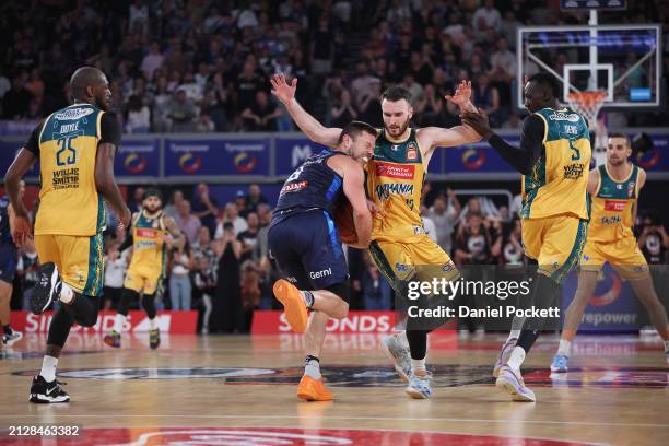 Matthew Dellavedova of United attempts, without success, to shoot from half court on the buzzer to win the series during game five of the NBL...