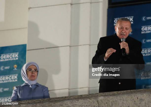 President Recep Tayyip Erdoğan speaks at AK Party headquarters on local government elections March 31, 2024 in Ankara, Turkey. In a setback to...