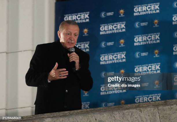 President Recep Tayyip Erdoğan speaks at AK Party headquarters on local government elections March 31, 2024 in Ankara, Turkey. In a setback to...