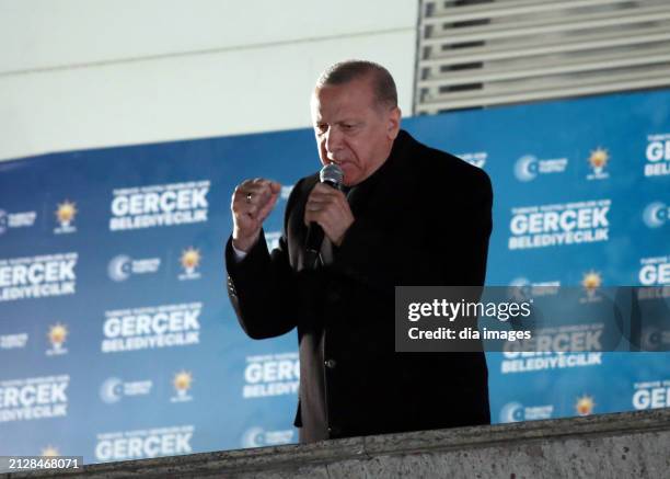 President Recep Tayyip Erdoğan speaks at AK Party headquarters on local government elections March 31, 2024 in Ankara, Turkey. In a setback to...