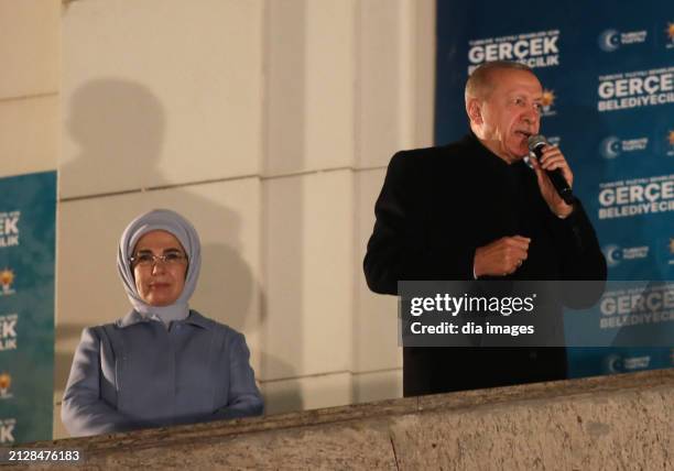 President Recep Tayyip Erdoğan speaks at AK Party headquarters on local government elections March 31, 2024 in Ankara, Turkey. In a setback to...