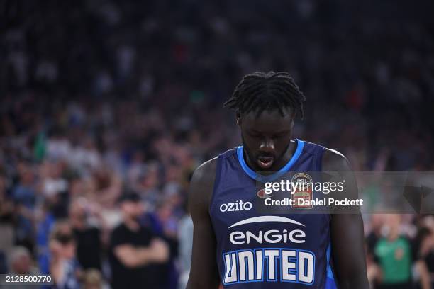 Jo Lual-Acuil Jr of United reacts on the final buzzer during game five of the NBL Championship Grand Final Series between Melbourne United and...