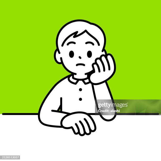 a boy sitting at the table, hands on the chin, head leaning on hand, minimalist style, black and white outline - chin stock illustrations