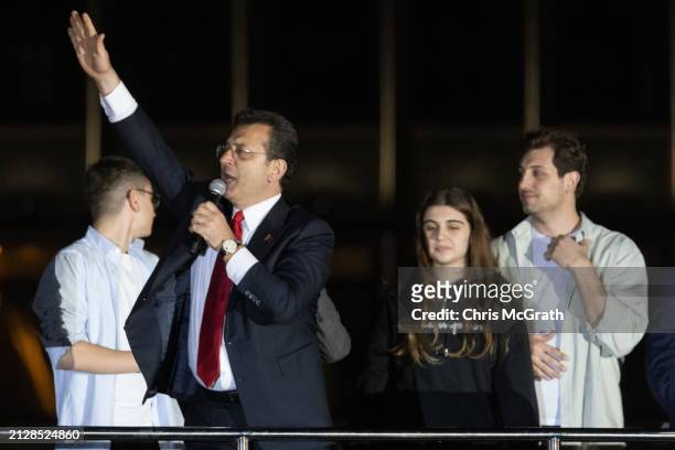Ekrem Imamoglu, Istanbul mayor and Republican People's Party candidate, speaks to supporters atop a campaign bus after claiming victory on March 31,...