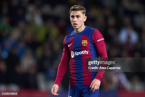 Fermin Lopez of FC Barcelona looks on during the LaLiga EA Sports match between FC Barcelona and UD Las Palmas at Estadi Olimpic Lluis Companys on...