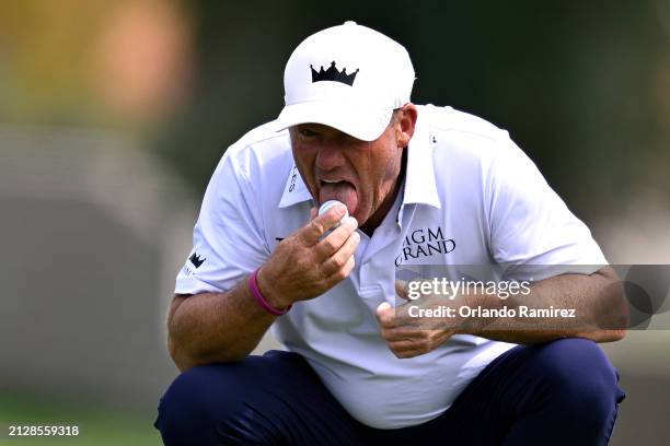 Alex Cejka of Germany licks his golf ball on the 15th green during the third round of The Galleri Classic at Mission Hills Country Club on March 31,...