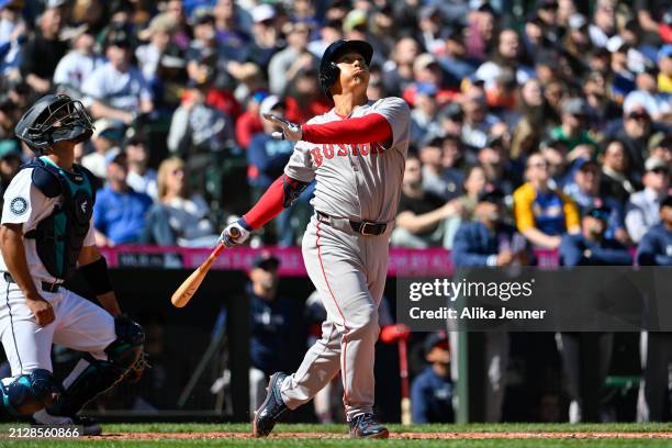 Masataka Yoshida of the Boston Red Sox bats during the fourth inning against the Seattle Mariners at T-Mobile Park on March 31, 2024 in Seattle,...