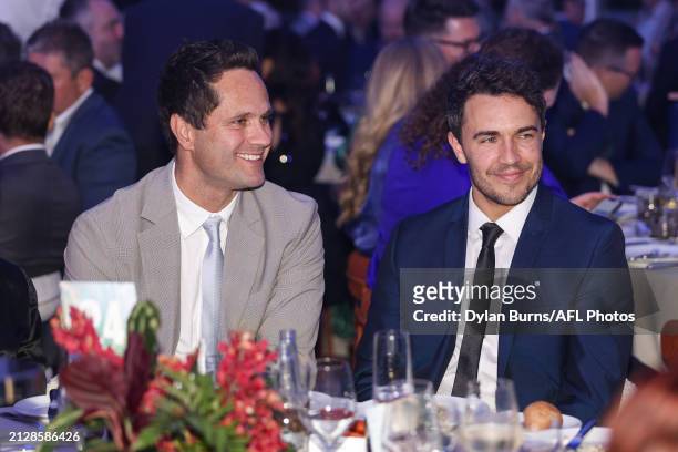 Gavin Wanganeen and Shane Edwards are seen during the 2024 AFL Gather Round Welcome Dinner Event at Glenelg Foreshore on April 03, 2024 in Adelaide,...