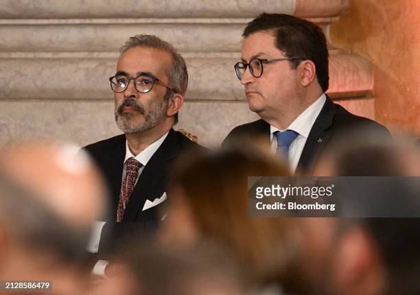 Joaquim Miranda Sarmento, Portugal's finance minister, right, during an inauguration ceremony at Ajuda Palace in Lisbon, Portugal, on Tuesday, April...