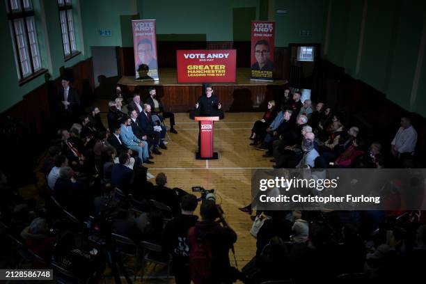 Mayor of Greater Manchester Andy Burnham speaks as he launches his mayoral re-election campaign for Greater Manchester on April 3, 2024 in Salford,...