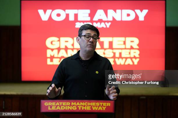 Mayor of Greater Manchester Andy Burnham speaks as he launches his mayoral re-election campaign for Greater Manchester on April 3, 2024 in Salford,...