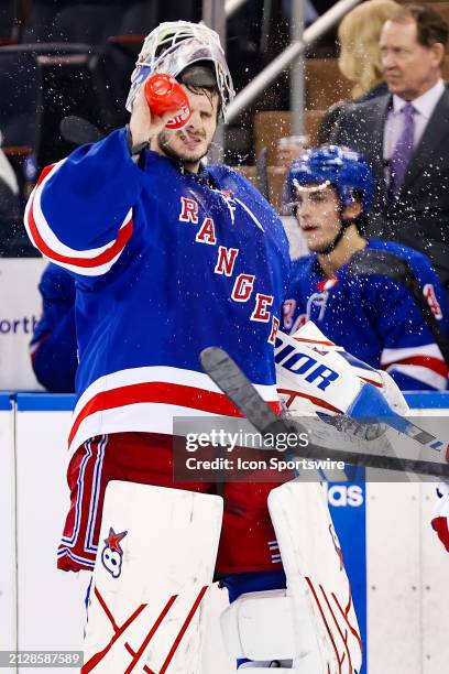 New York Rangers Goalie Igor Shesterkin is pictured during the third period of the National Hockey League game between the Pittsburgh Penguins and...