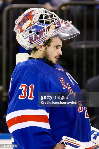 New York Rangers Goalie Igor Shesterkin is pictured during the third period of the National Hockey League game between the Pittsburgh Penguins and...