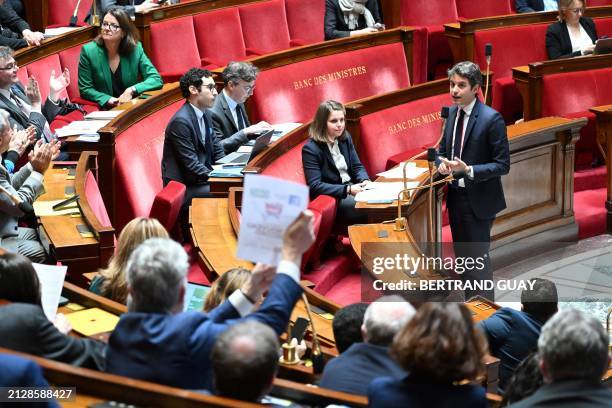 France's Prime Minister Gabriel Attal speaks during the opening session of "Questions to the Prime Minister" at the French National Assembly in Paris...