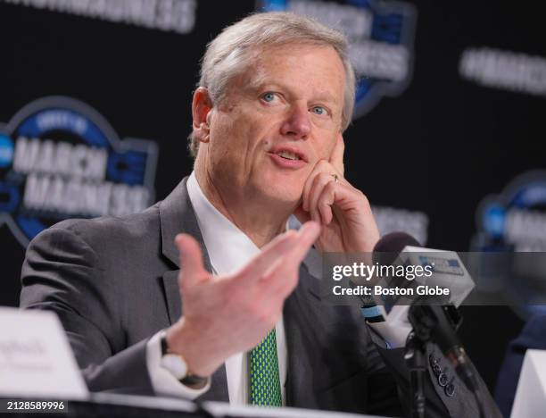 Boston, MA NCAA President Charlie Baker during a panel to announce a gambling prevention program aimed at kids during a press conference at TD Garden.