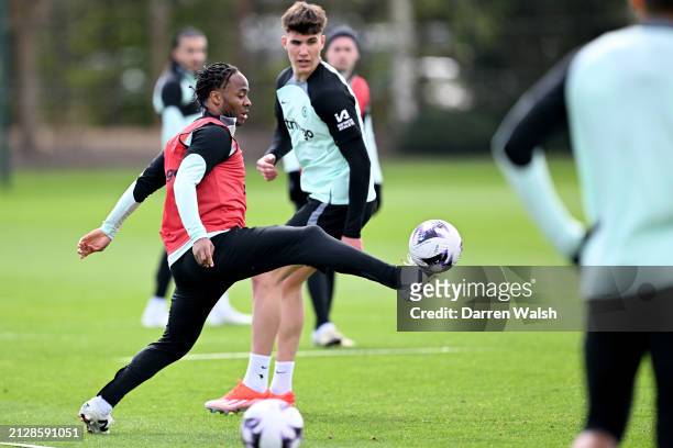 Raheem Sterling of Chelsea during a training session at Chelsea Training Ground on April 3, 2024 in Cobham, England.