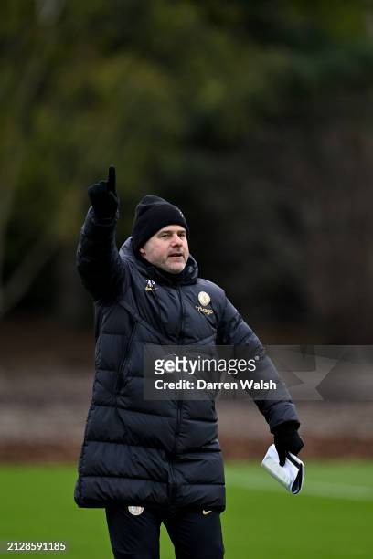 Head Coach Mauricio Pochettino of Chelsea during a training session at Chelsea Training Ground on April 3, 2024 in Cobham, England.