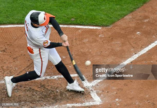 Baltimore Orioles left fielder Austin Hays bats during the Los Angeles Angels versus the Baltimore Orioles game on March 28 at Oriole Park at Camden...