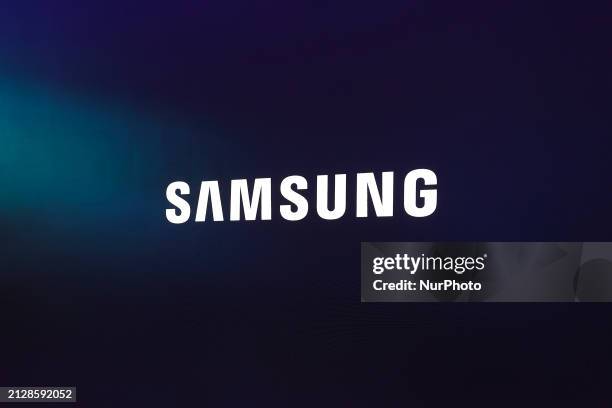 The Samsung logo is on display at their pavilion during the Mobile World Congress in Barcelona, Spain, on February 28, 2024.