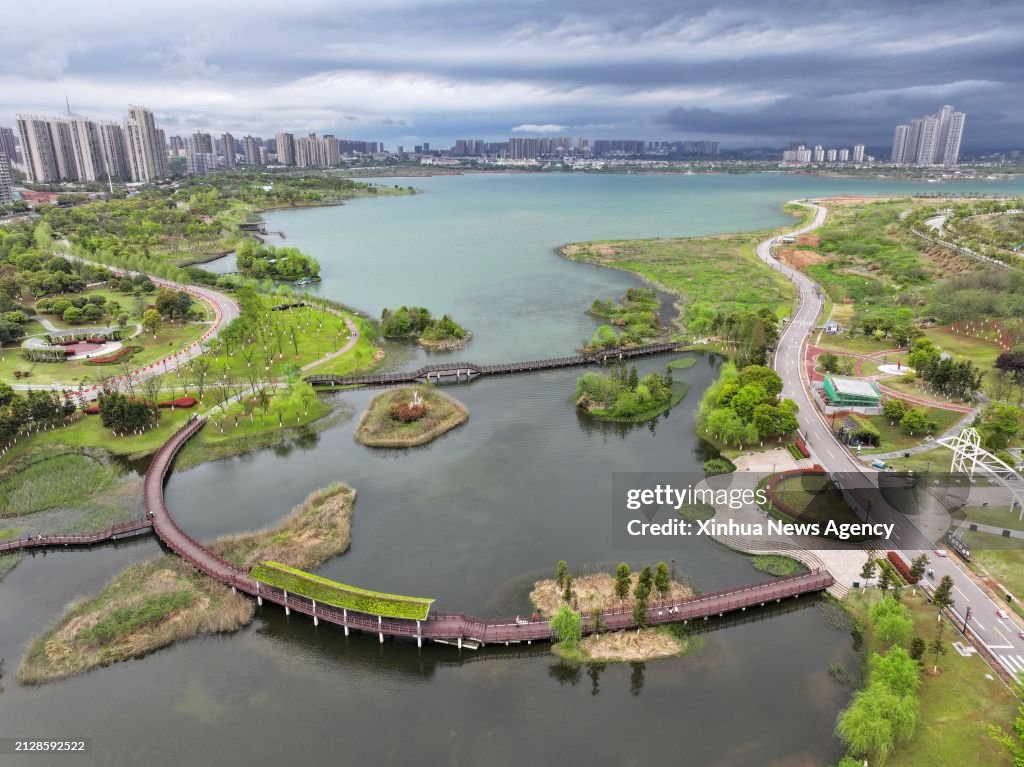 Hunan Bay An aerial drone photo shows a view of Hunan Songya Lake national ...