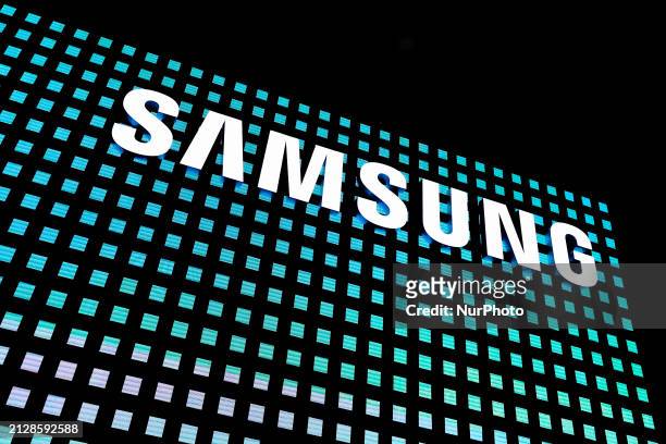 The Samsung logo is being displayed on their pavilion at the Mobile World Congress in Barcelona, Spain, on February 28, 2024.