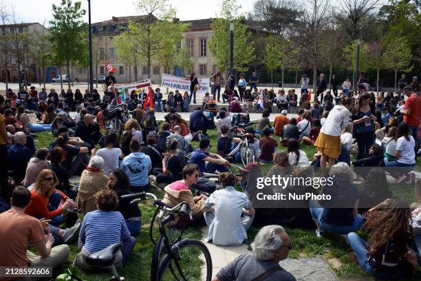 Protesters are holding a general assembly after the protest in Toulouse, France, on April 2, 2024. All unions have called for a day of strike and...