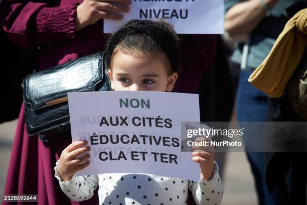 Young girl is holding a sign that reads 'No to education cities' in Toulouse, France, on April 2, 2024. All unions have called for a day of strike...