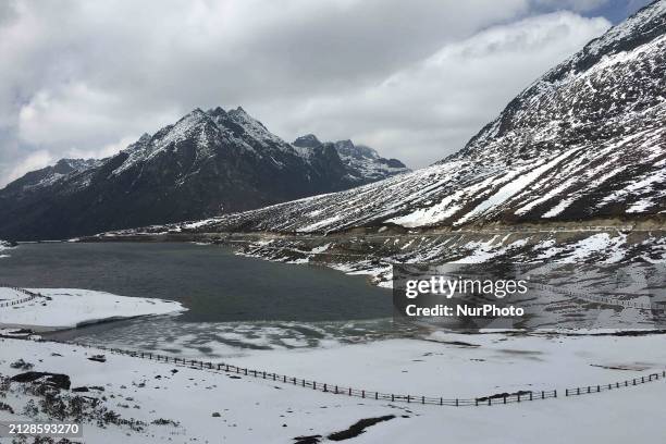 Snow is covering the Sela Pass following heavy snowfall in Tawang, Arunachal Pradesh, India, on April 3, 2024.