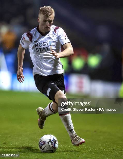 Derby County's Louie Sibley in action during the Sky Bet League One match at Fratton Park, Portsmouth. Picture date: Tuesday April 2, 2024.