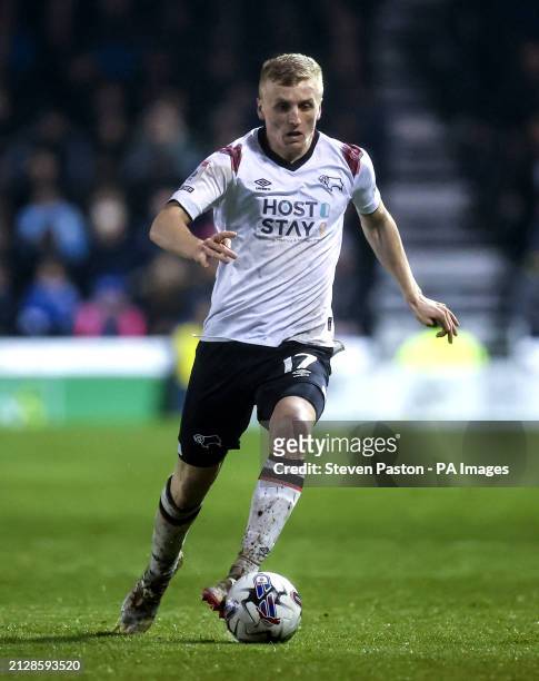 Derby County's Louie Sibley in action during the Sky Bet League One match at Fratton Park, Portsmouth. Picture date: Tuesday April 2, 2024.