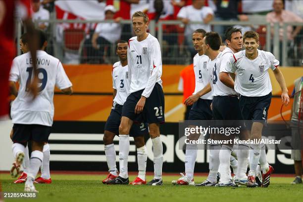 June 15: Peter Crouch of England celebrates the Second goal with Steven Gerrard and Frank Lampard during the FIFA World Cup Finals 2006 Group B match...