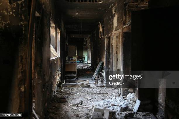 Picture shows the destruction in the dialysis unit at Gaza's devastated Al-Shifa hospital on April 3 two days after the Israeli military withdrew...