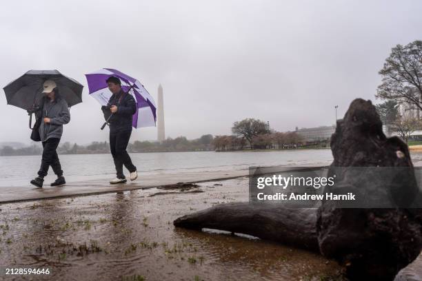 The Washington Monument is visible as visitors to the Tidal Basin turn around as they reach a flooded walking path, April 3 in Washington, DC. Heavy...