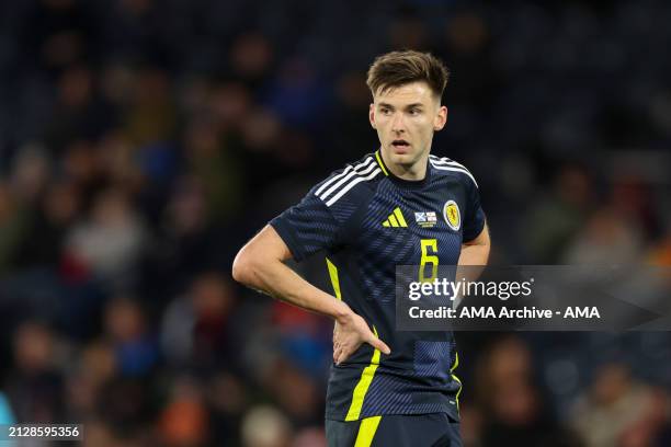 Kieran Tierney of Scotland during the international friendly match between Scotland and Northern Ireland at Hampden Park on March 26, 2024 in...