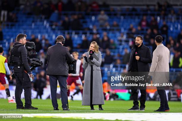 Laura Woods, Rio Ferdinand and Joleon Lescott presenting for TNT Sports during the Premier League match between Manchester City and Aston Villa at...